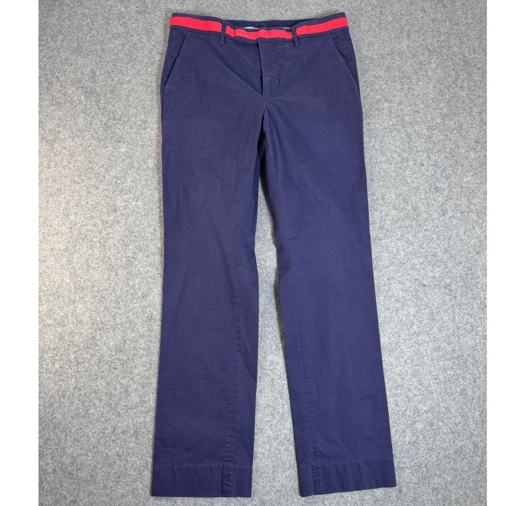 G/FORE Mens Navy Blue Golf Pants Red Stripe Waistband Size 32 Slim Fit Trousers